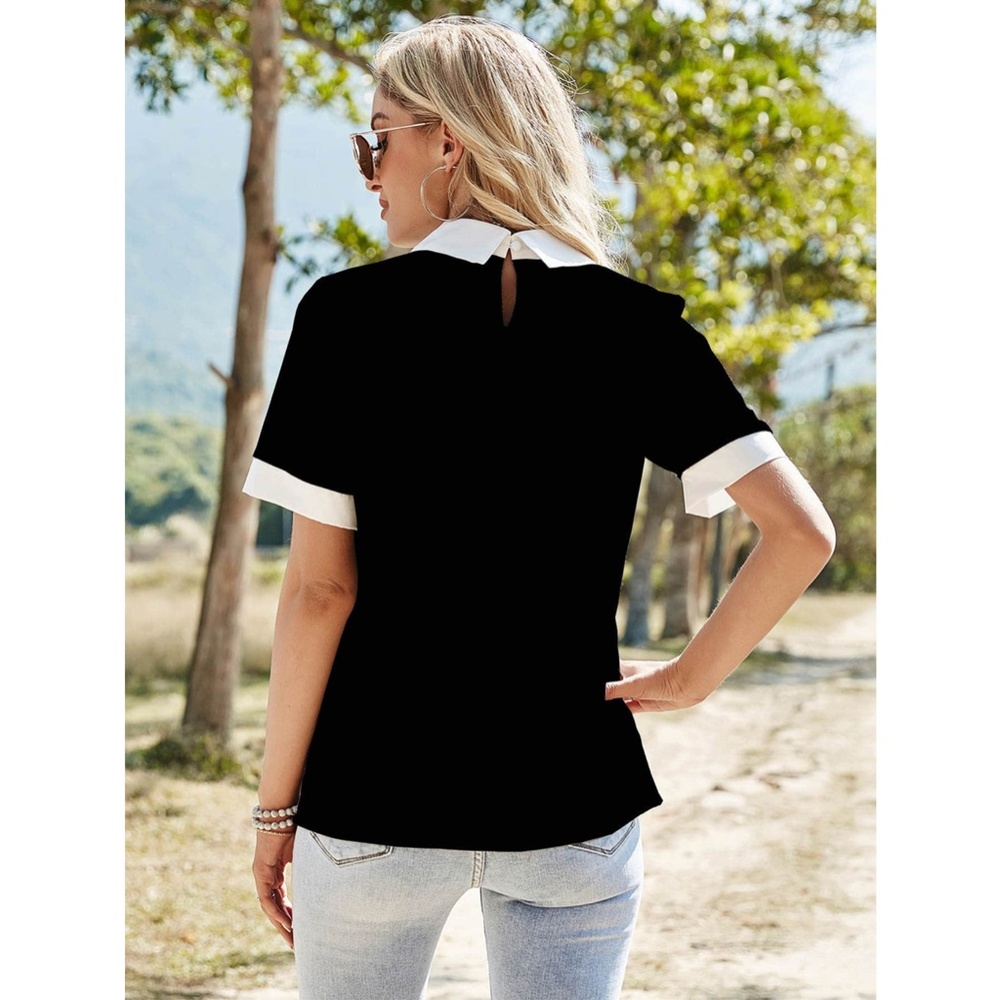 Black Blouse Shirt White Collar - Picture 2 of 12